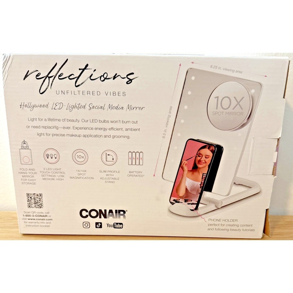 Conair LED Makeup Mirror Hollywood Social Media 10x Spot Mirror Phone Stand- NWT
